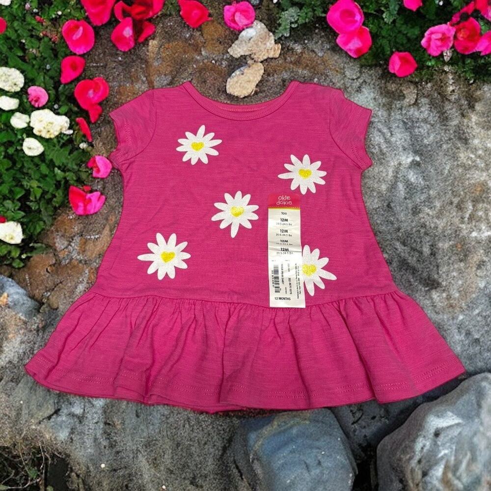 Okie Dokie Girls Top Sz 12‎ Mo Pink Daisy Daisies Flowers Print Glitter Peplum